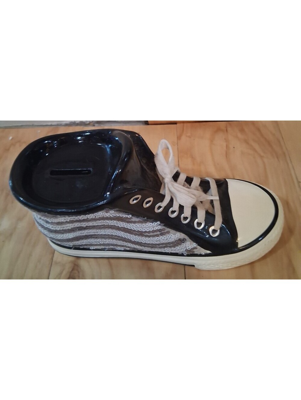 Vtg Ceramic High-Top Sneaker Bank, Sequins & Real Laces, By F-A-B™ STARPOINT